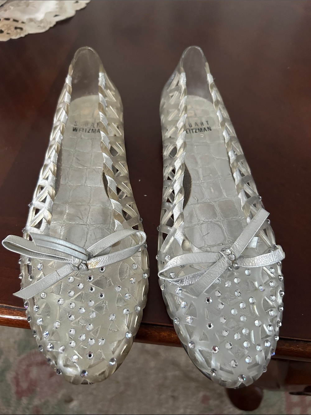 Stuart Weitzman Silver Crystal-Studded Bow Flats
